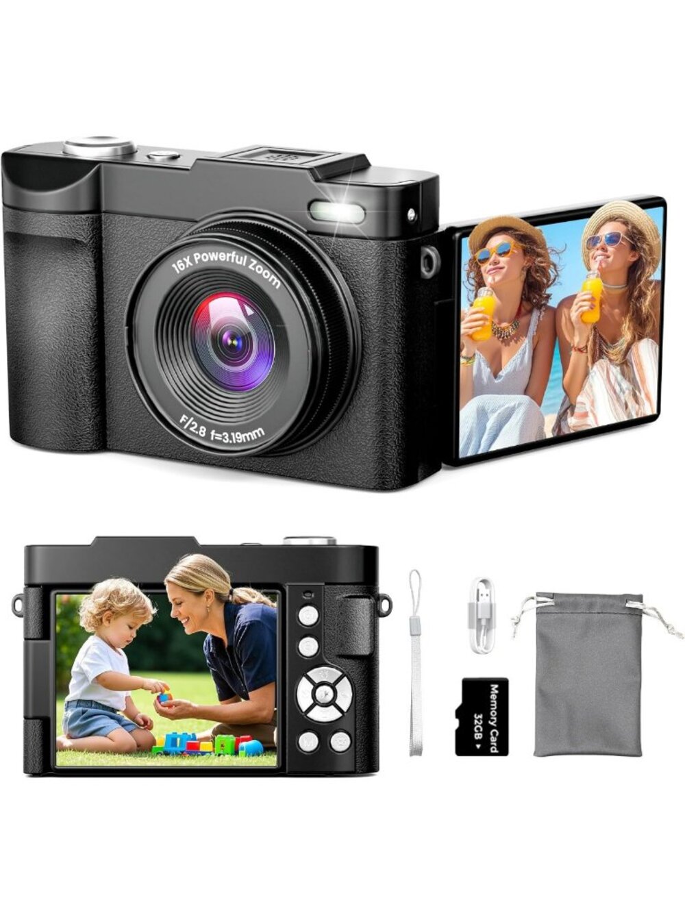 50MP Compact 4K Digital Camera with Auto-Focus, 180° Flip Screen & 16X Zoom